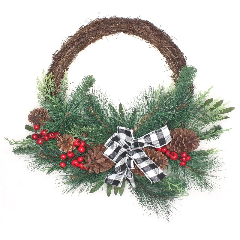 24 in. Mixed Pine and Berries Decorated Wreath