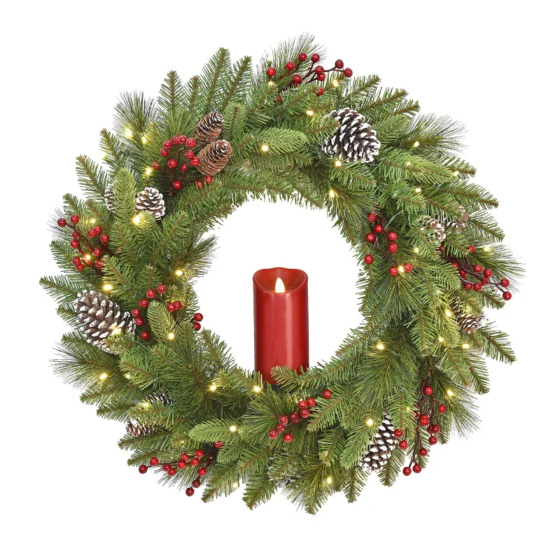 24 in. Pre-Lit Bristle Berry Wreath with Single Candle