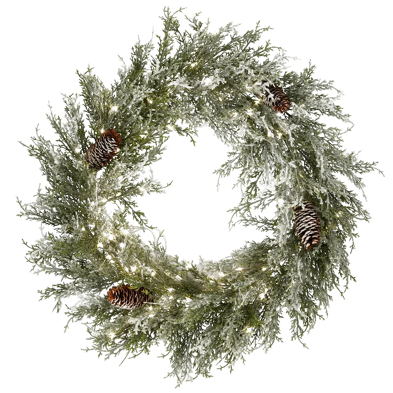 24 in. Pre-Lit Christmas Core Snowy Wreath with Pinecones