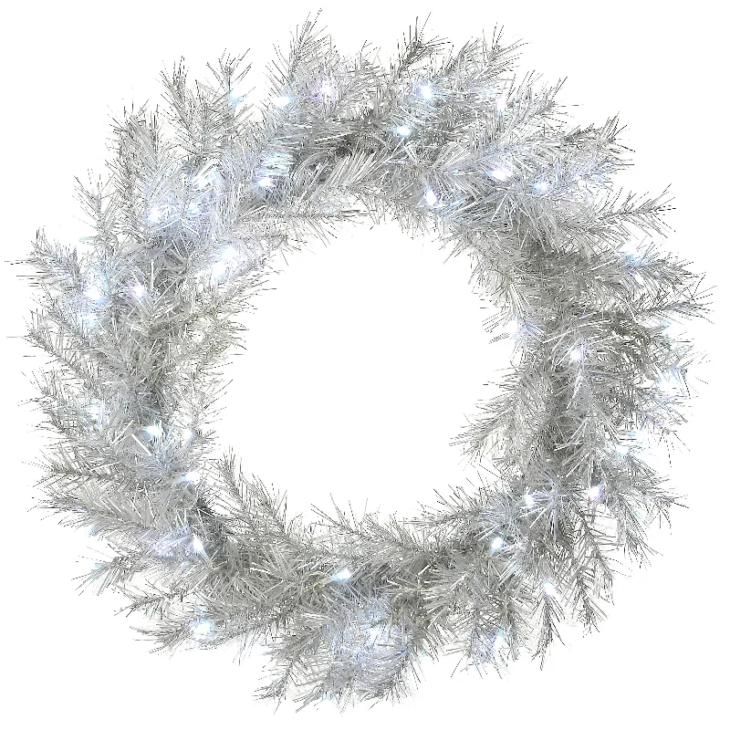 24 in. Pre-Lit Crystal Pine Silver Metallic Wreath