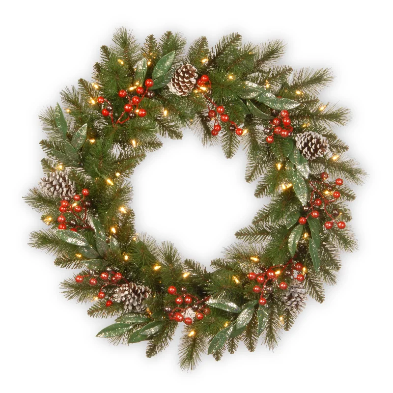 24 in. Pre-Lit Frosted Pine Berry Wreath with LED Lights