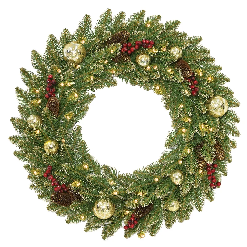 24 in. Pre-Lit Glittery Gold Dunhill Fir Wreath with LED Lights