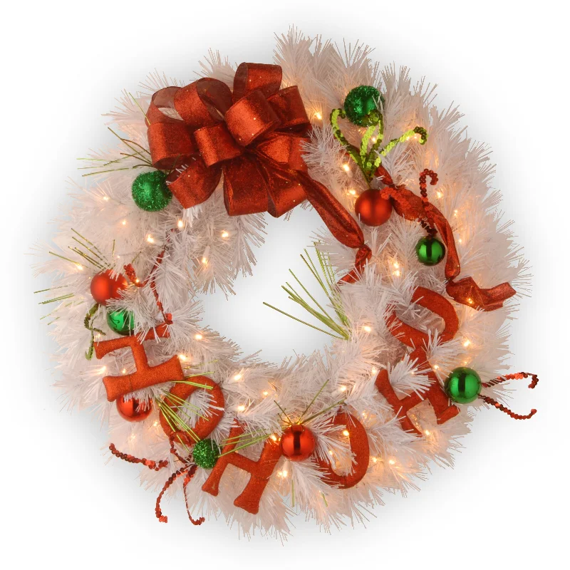 24 in. Pre-Lit Ho Ho Ho Wreath with Warm White LED Lights