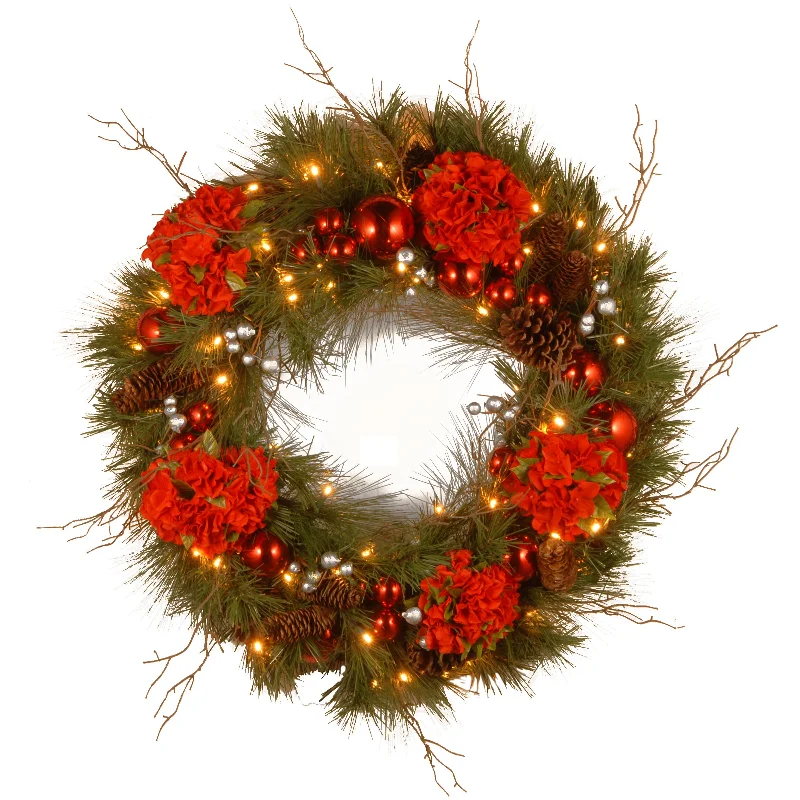 24 in. Pre-Lit Hydrangea Pine Wreath with Warm White LED Lights