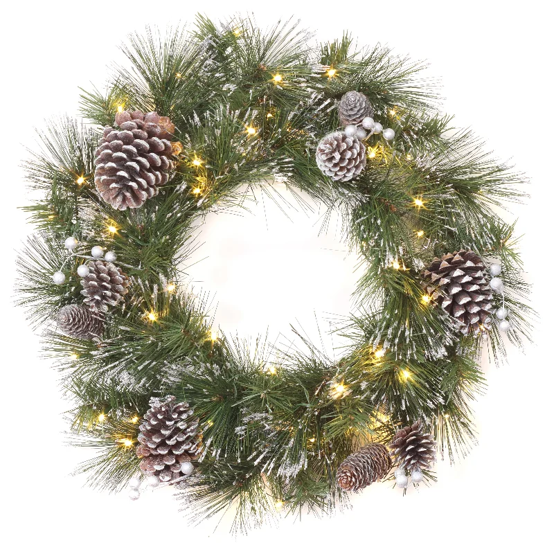 24 in. Pre-Lit Whitter Pine Wreath with LED Lights