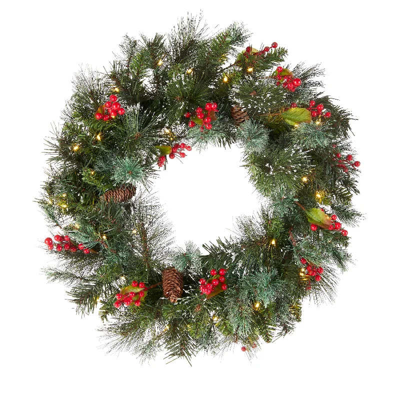 24 in. Pre-Lit Wintry Pine Wreath with Clear Lights