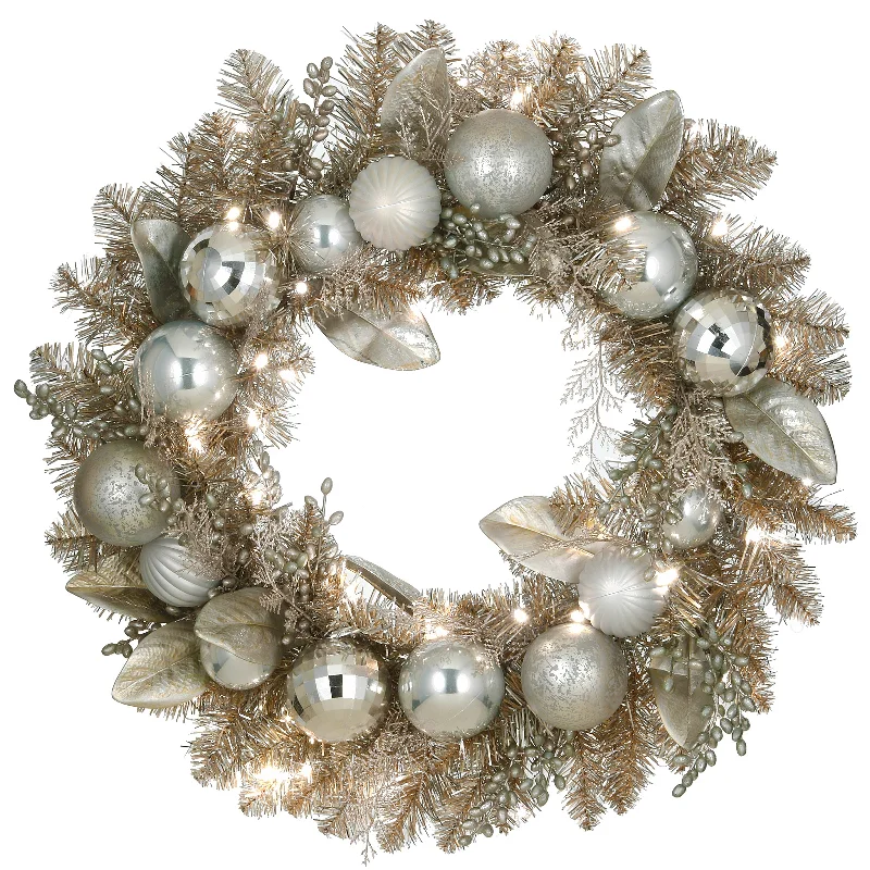 24 in. Pre-Lit Yuletide Glam Silver Decorated Wreath