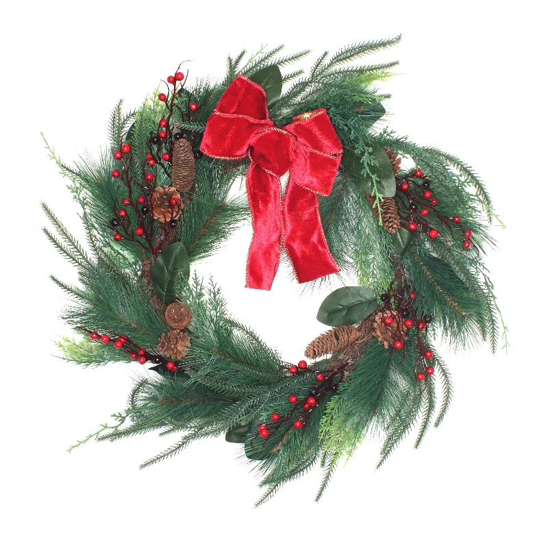 26 in. Christmas Mixed Pine Wreath with Red Bow