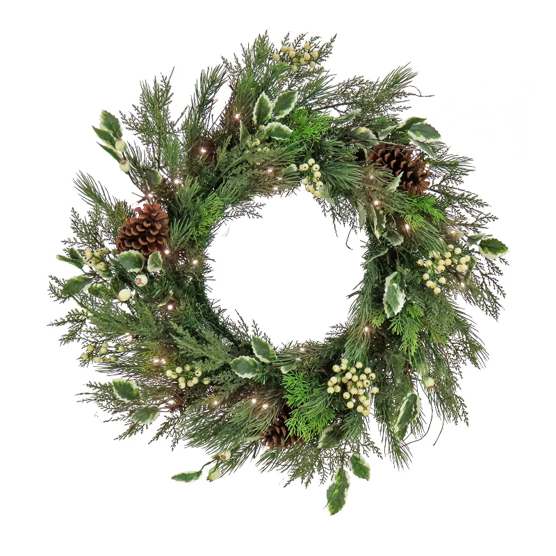 28 in. Pre-Lit HGTV Home Collection Holly and Berry Wreath