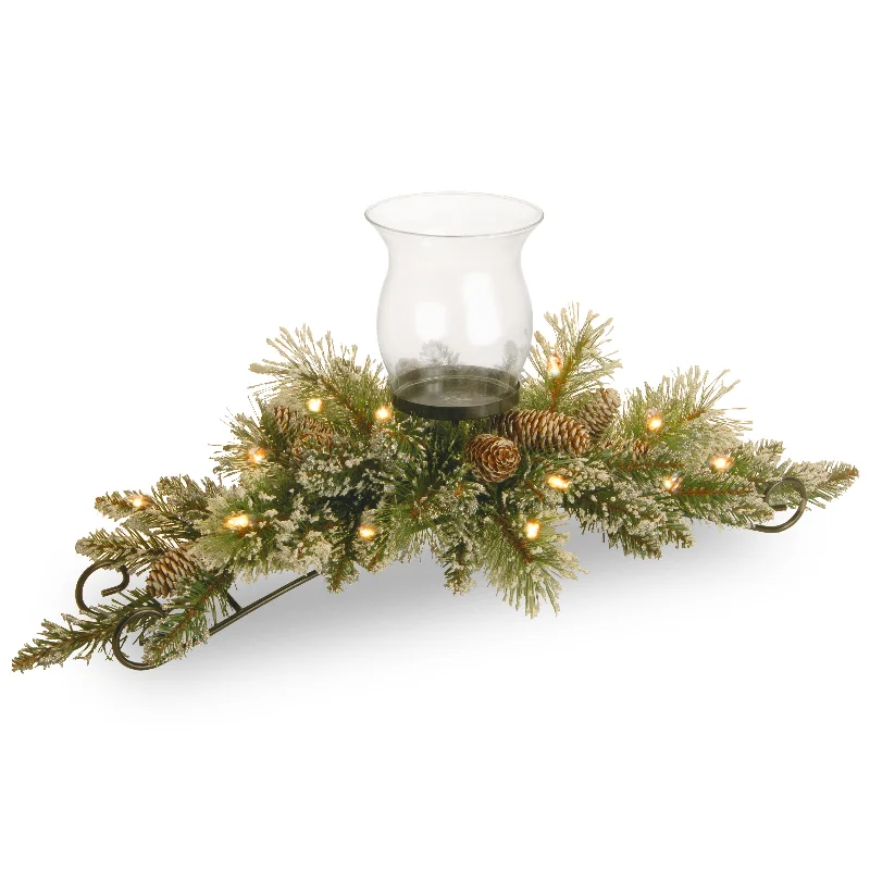 30 in. Pre-Lit Glittery Bristle Pine Candle Holder Centerpiece with LED Lights