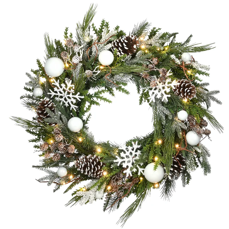 30 in. Pre-Lit Alpine Decorated Wreath with Warm White LED Lights