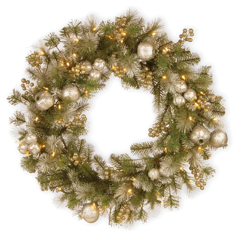 30 in. Pre-Lit Glittery Pomegranate Pine Wreath with LED Lights