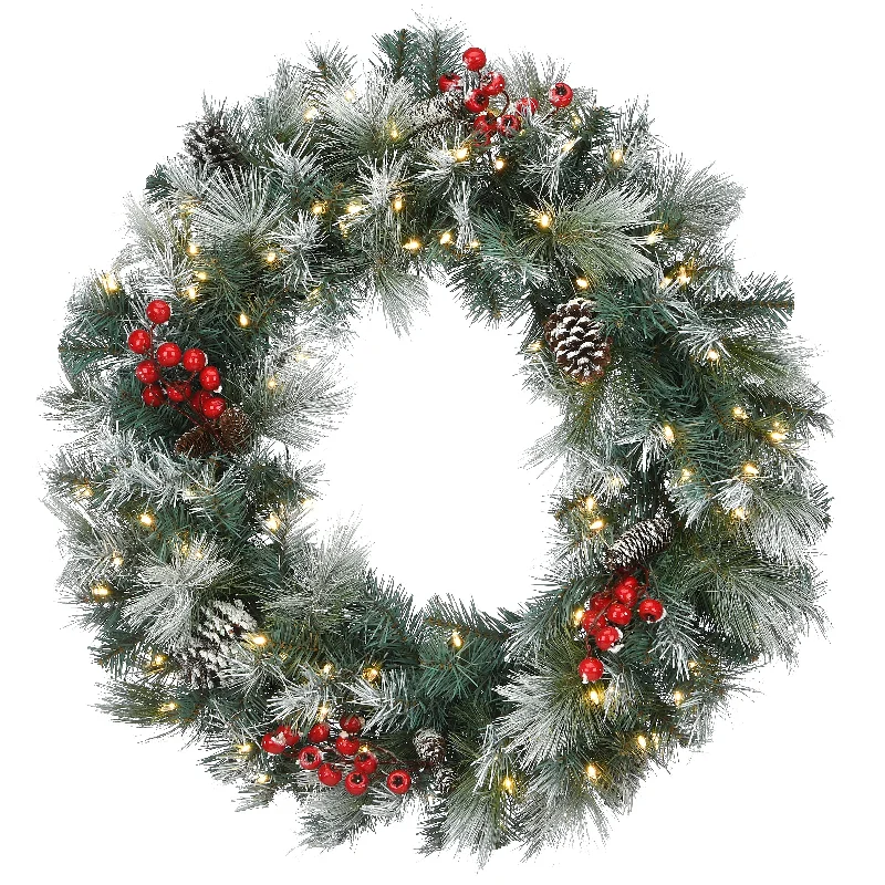 30 in. Pre-Lit Snowy Glacier Pine Wreath with LED Lights