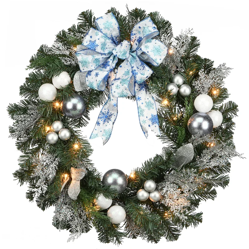 32 in. Pre-Lit Decorative Collection Ornament Wreath with Clear Lights