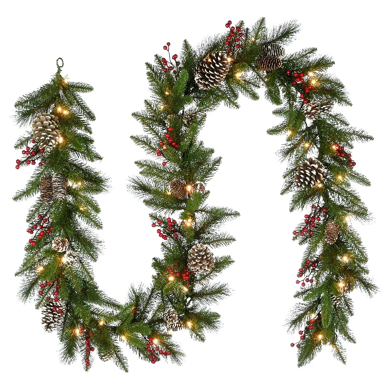 9 ft. Pre-Lit Bristle Berry Pine Garland with LED Lights