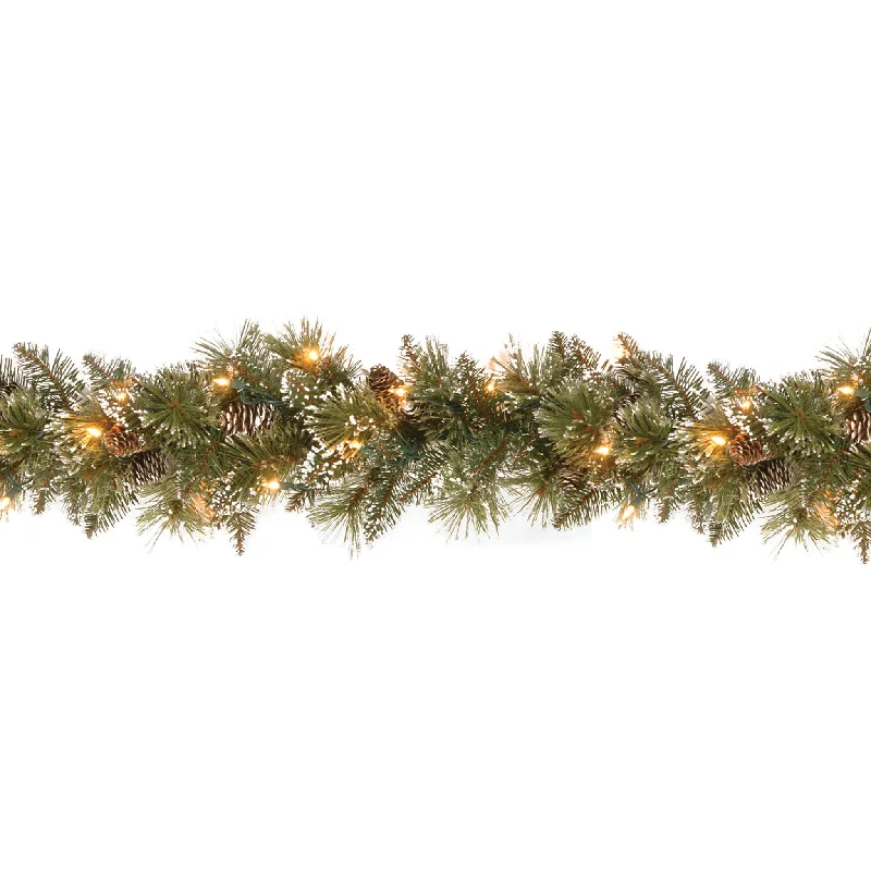 9 ft. Pre-Lit Glittery Bristle Pine Garland with Clear Lights