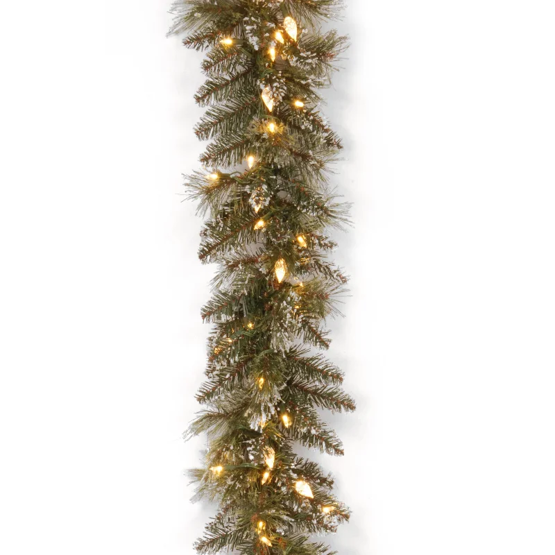 9 ft. Pre-Lit Glittery Bristle Pine Garland with Warm White LED Lights