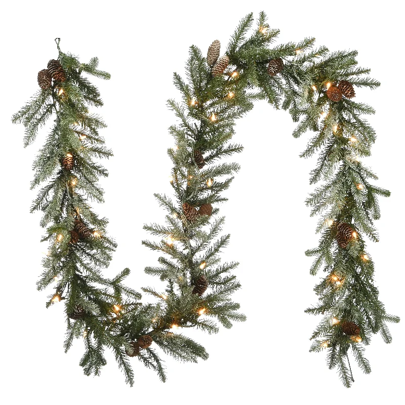 9 ft. Pre-Lit Snowy Morgan Spruce Garland with Clear Lights