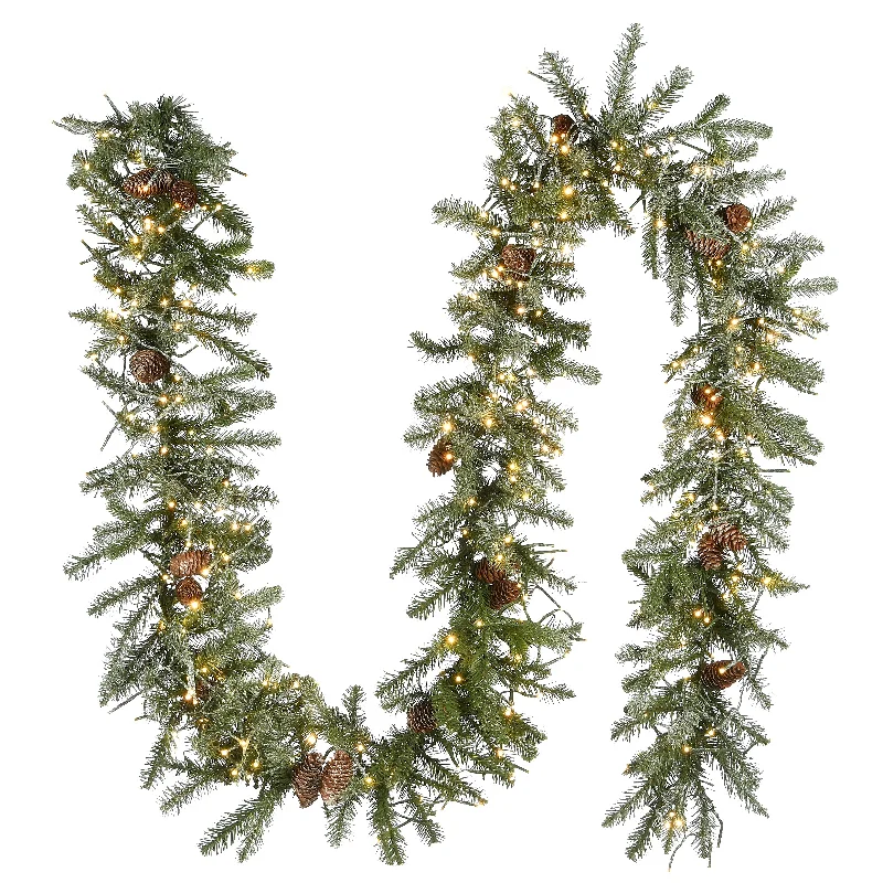 9 ft. Pre-Lit Snowy Morgan Spruce Garland with White Lights