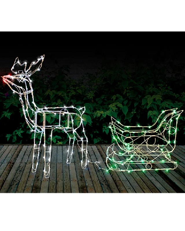 Christmas White Red and Green Reindeer Sleigh Solar Light 1.4m