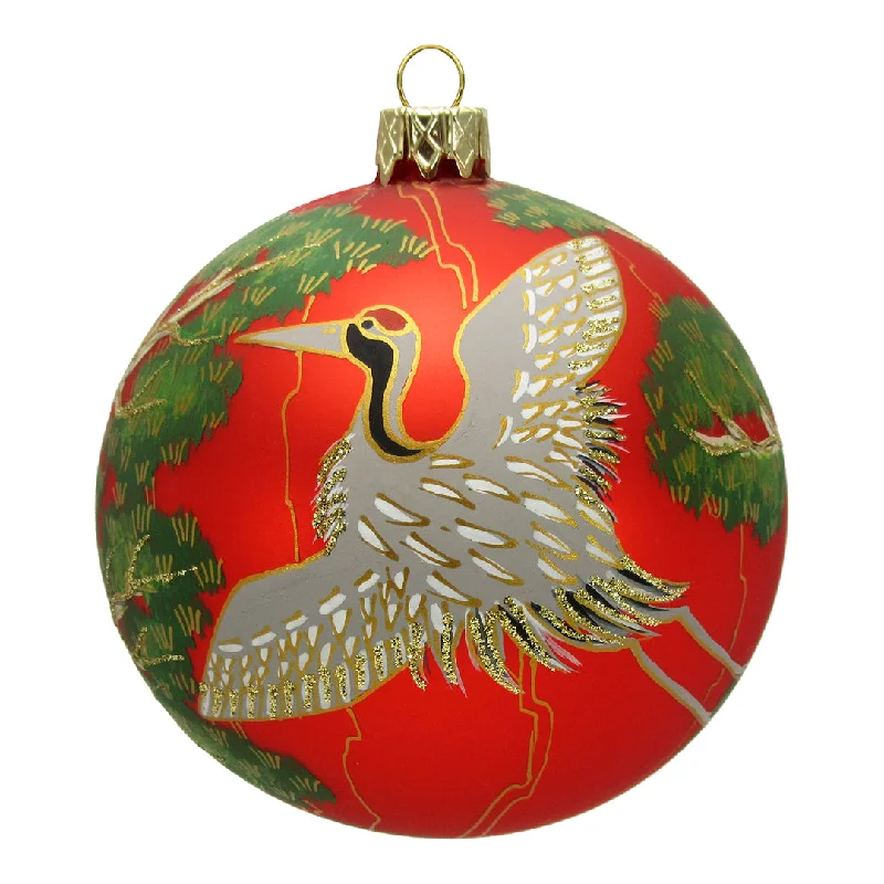 Cranes on Red Ball Ornament