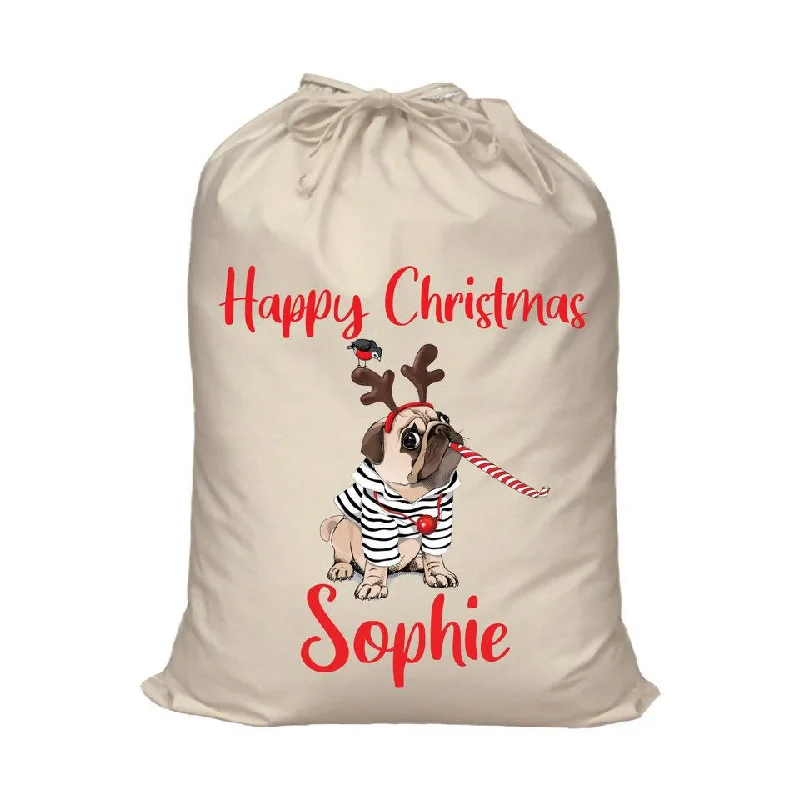 Cute Pug with Antlers Personalised Santa Sack