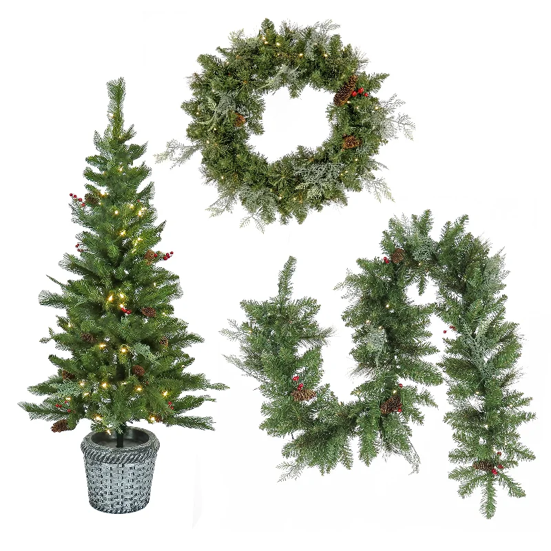 Pre-Lit Buzzard Pine Assortment Set of 1 Entrance Tree, 1 Wreath, 1 Garland