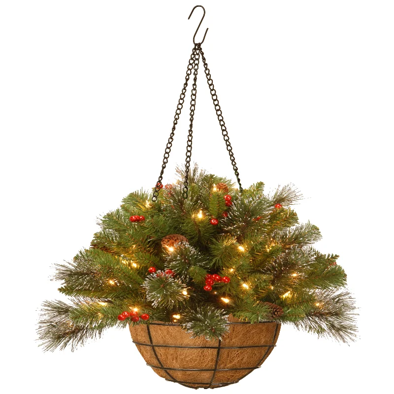 20 in. Pre-Lit Crestwood Spruce Hanging Basket with LED Lights