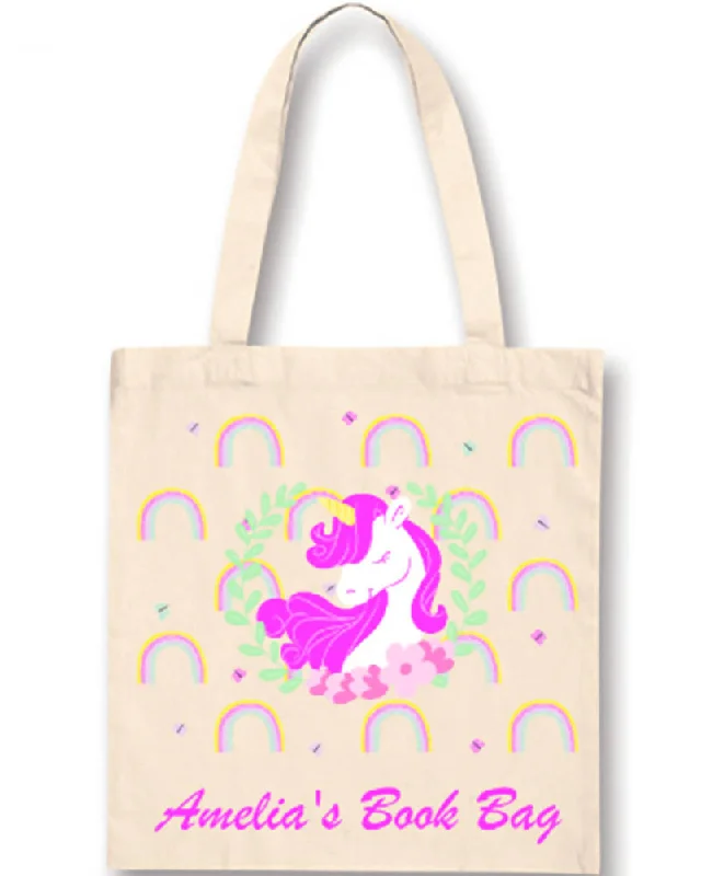 Pink Unicorn with Rainbows Personalised Library Bag