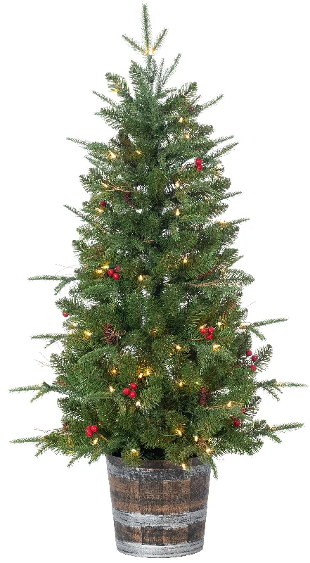 4' Potted Natural Cut Portland Pre-Lit Pine with Pine Cones & Red Berries