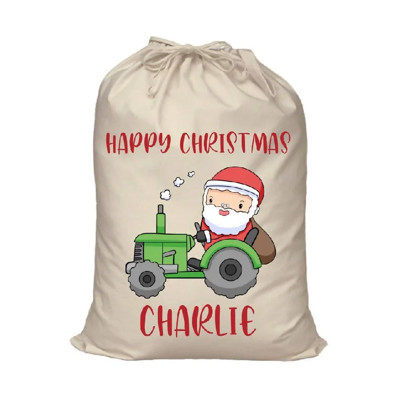 Santa Riding Tractor Personalised Santa Sack