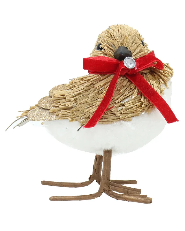 Sisal Bird with Velvet Bow Collar Christmas Decoration 16cm