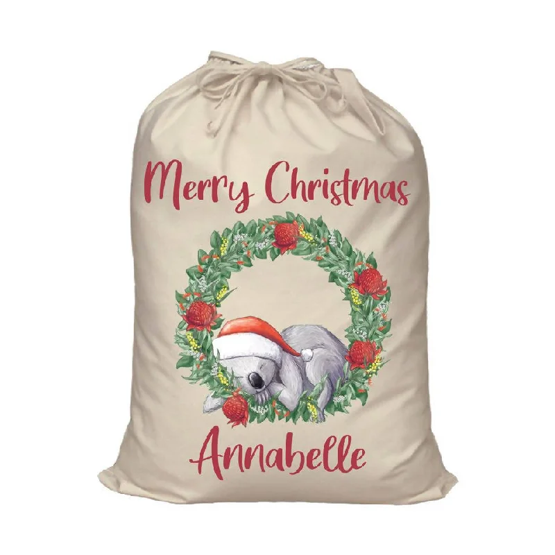 Sleeping Koala in Wreath Personalised Santa Sack