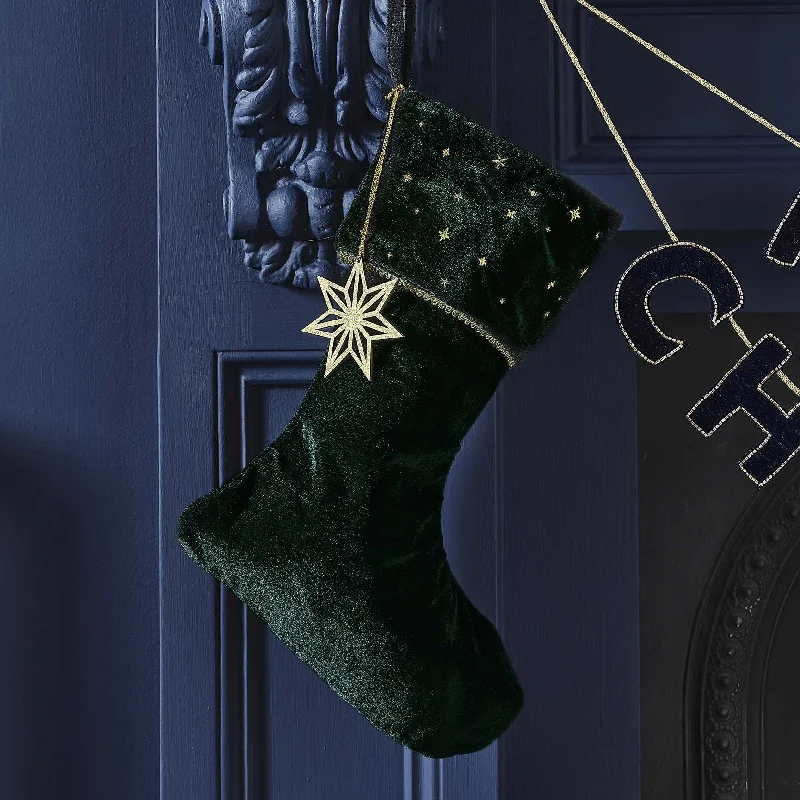 Velvet Luxe Christmas Green Velvet Embroidered Stocking with Charm