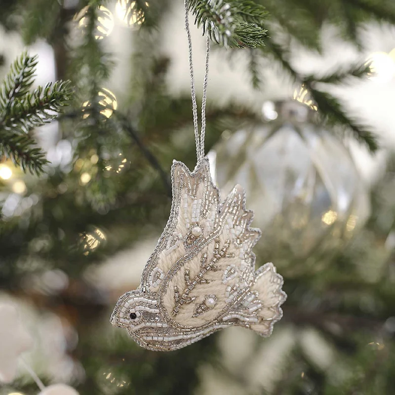 White Christmas Turtle Dove Embroidered Hanging Tree Decoration