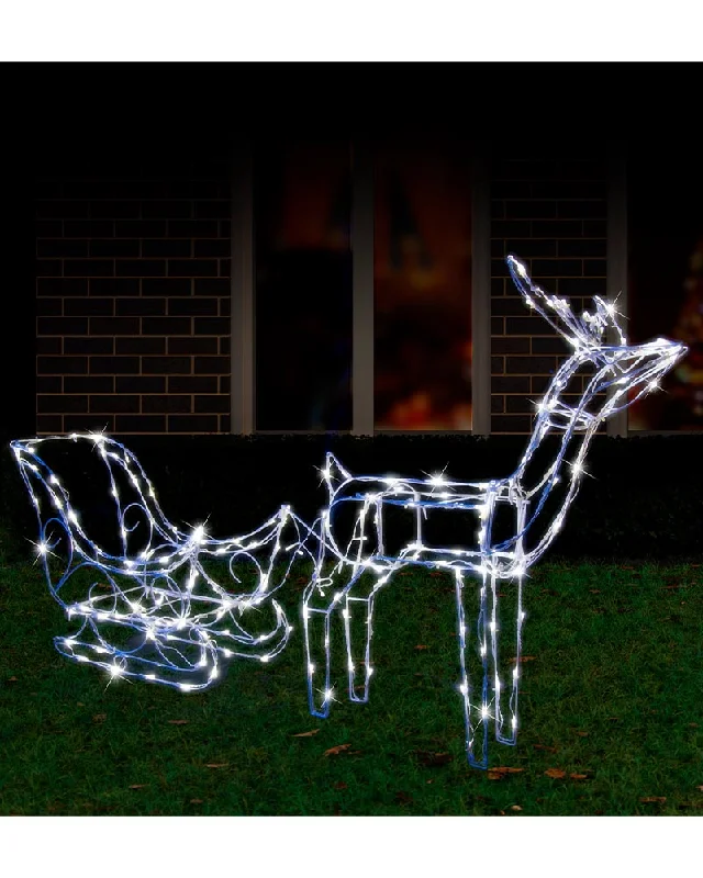 White Solar Christmas LED Sleigh With Reindeer 160L