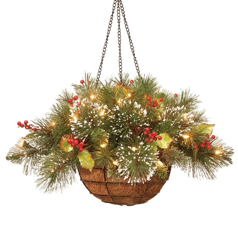 20 in. Pre-Lit Wintry Pine Hanging Basket with Warm White LED Lights